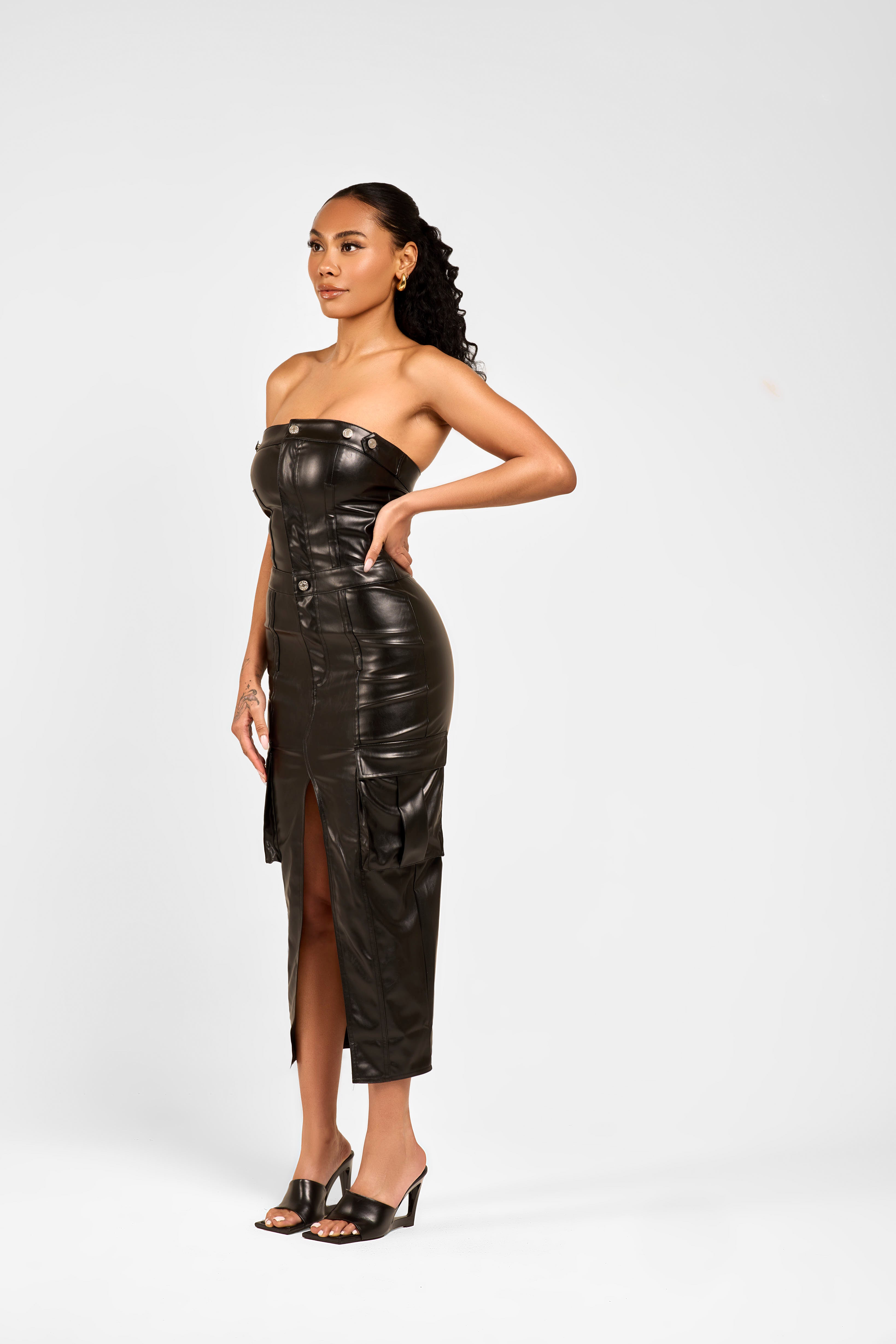 EMMA LEATHER MIDI DRESS L / Black