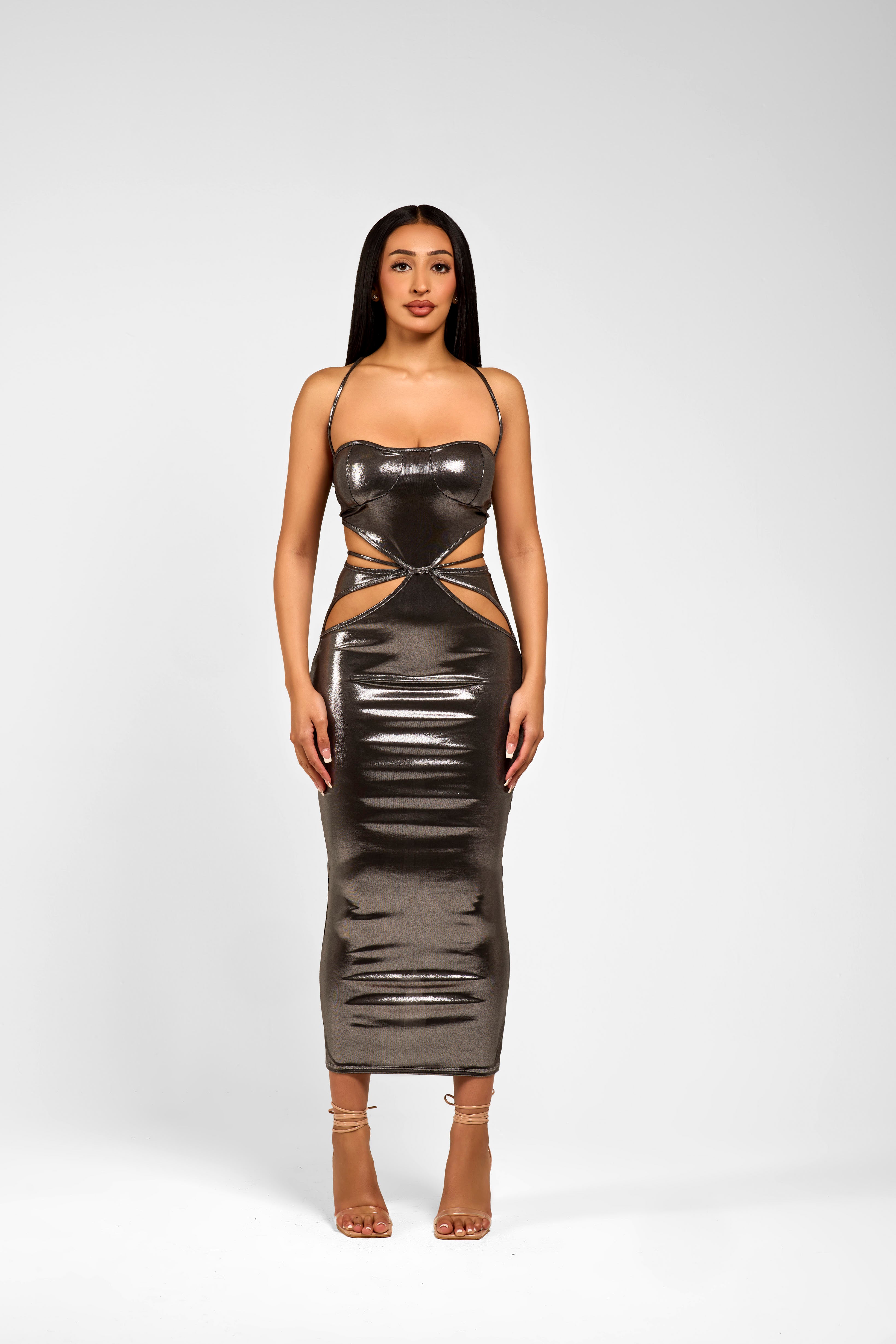 MELINA METALLIC MIDI DRESS M / Dark Silver