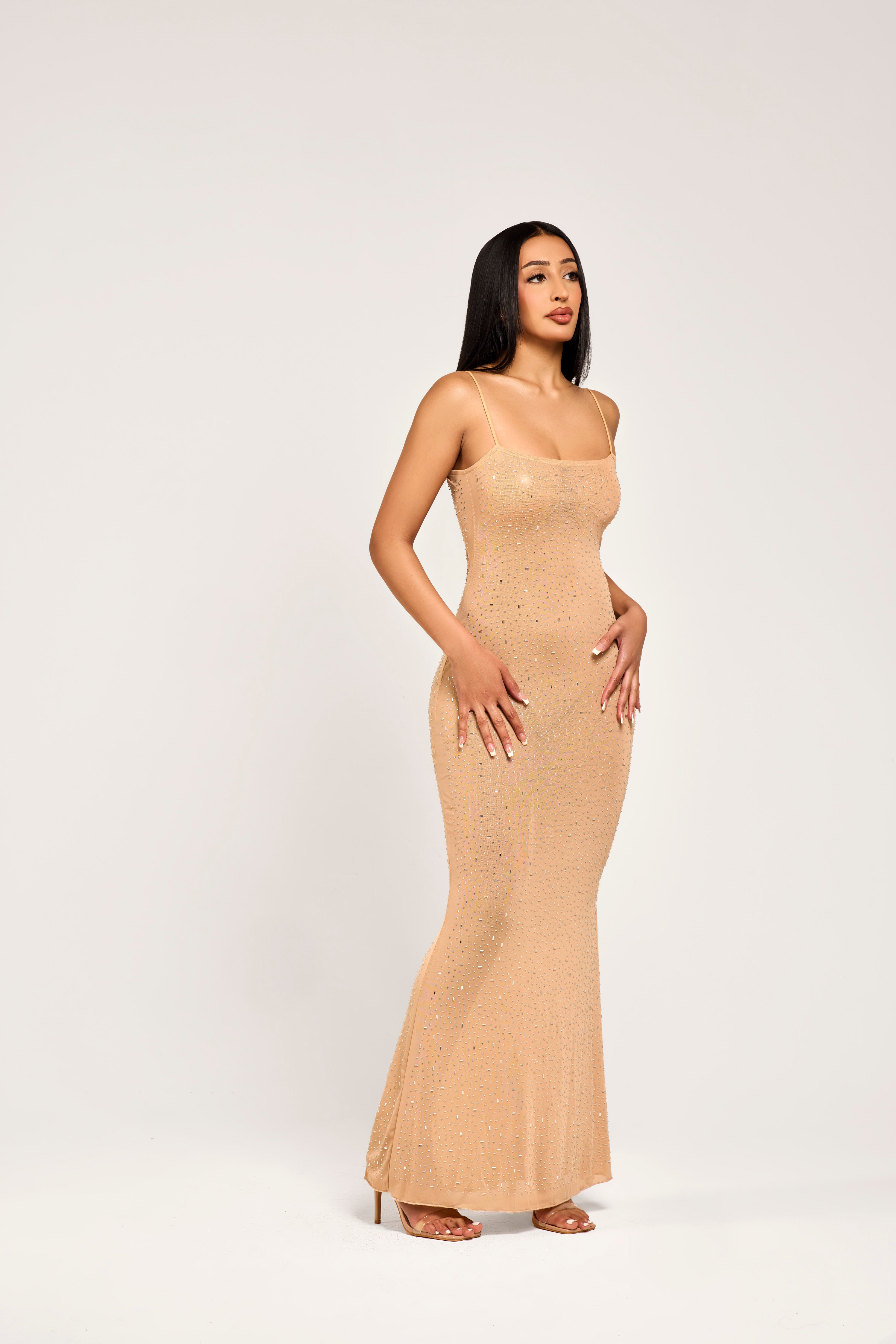 beige club dress NADIA MESH RHINESTONE MAXI DRESS – Club Bombshell